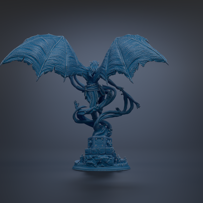 A dark blue, winged statue of a fantastical creature with intricate details and a fierce expression, standing on a pedestal.