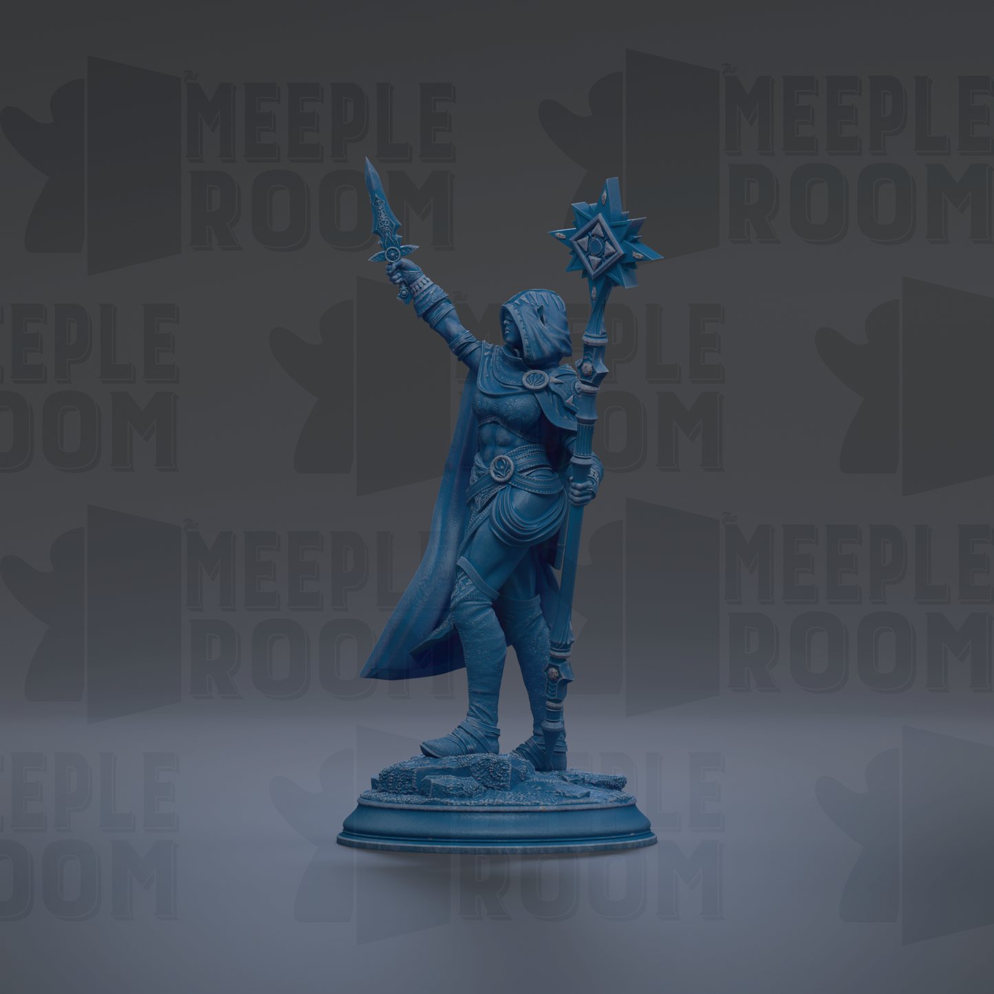 A blue statue of a figure holding a staff and sword, standing on a pedestal.