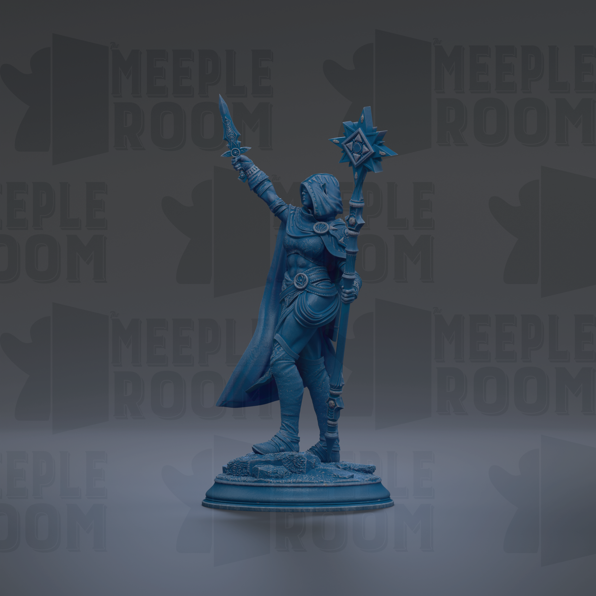 A blue statue of a figure holding a staff and sword, standing on a pedestal.