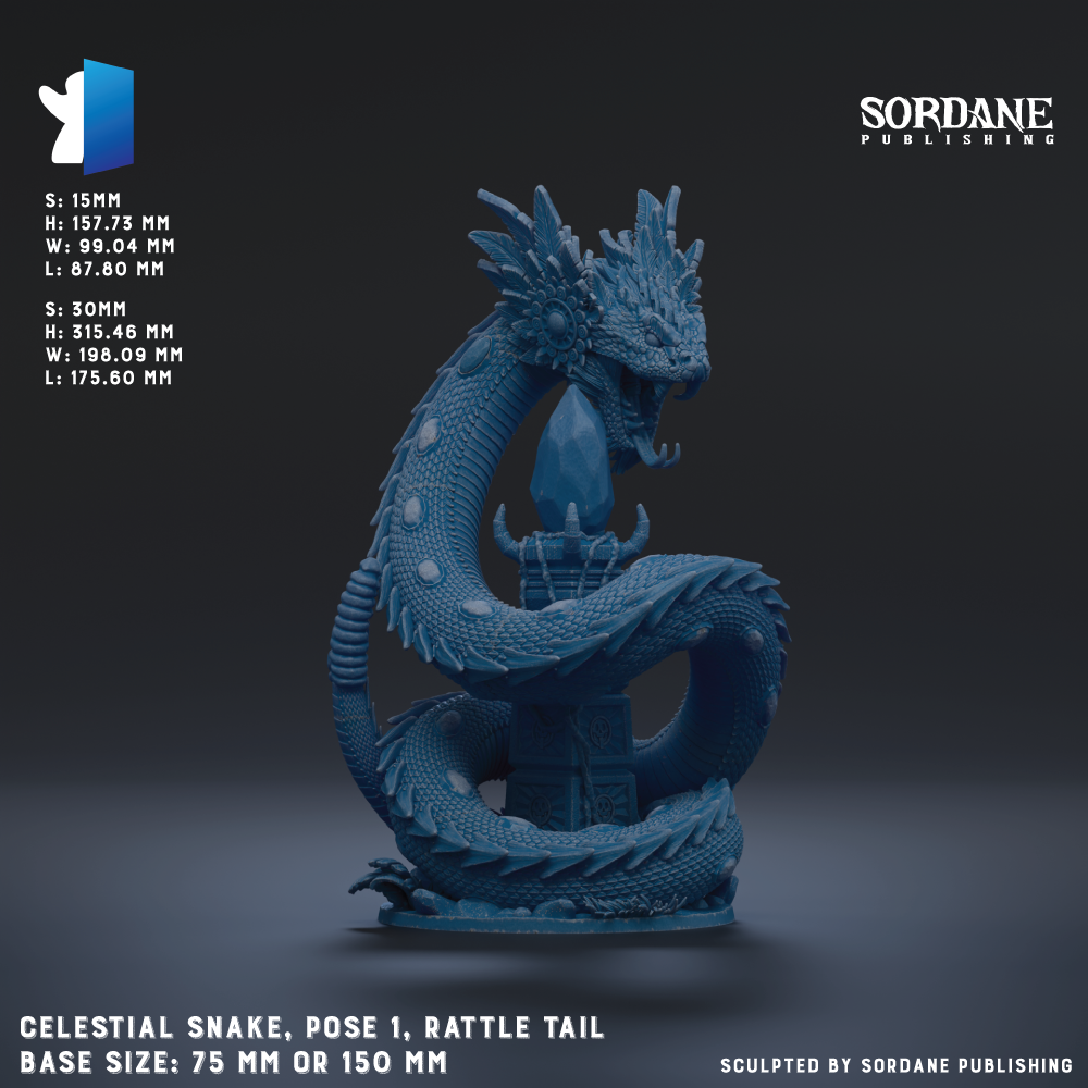 The image is a detailed 3D rendering of a celestial snake, with its distinctive scales and a rattle tail. The snake is posed in a dynamic, curled position, and the base size is 75 mm or 150 mm. The image is published by Sordane Publishing.