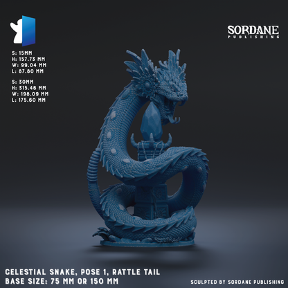 The image is a detailed 3D rendering of a celestial snake, with its distinctive scales and a rattle tail. The snake is posed in a dynamic, curled position, and the base size is 75 mm or 150 mm. The image is published by Sordane Publishing.