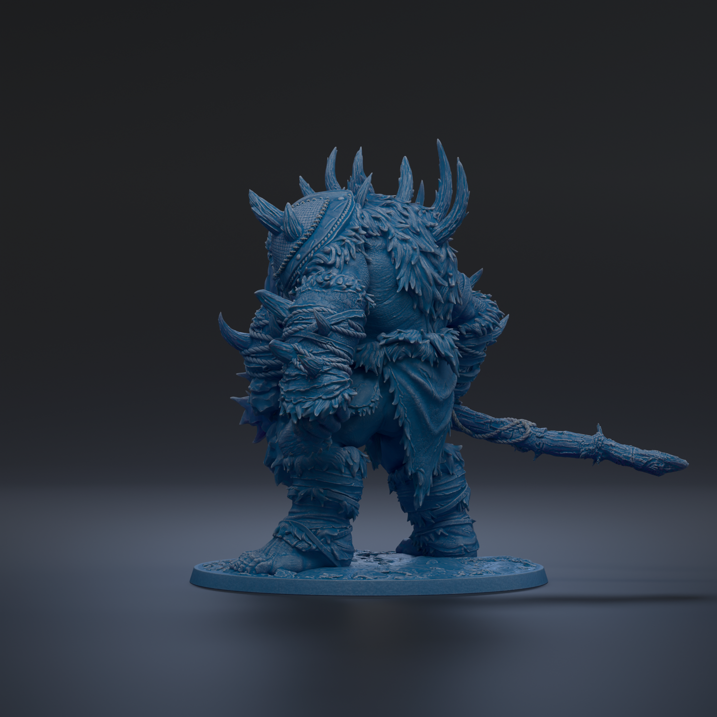 A detailed 3D model of a fantastical creature with sharp, spiked features and a long, curved weapon.