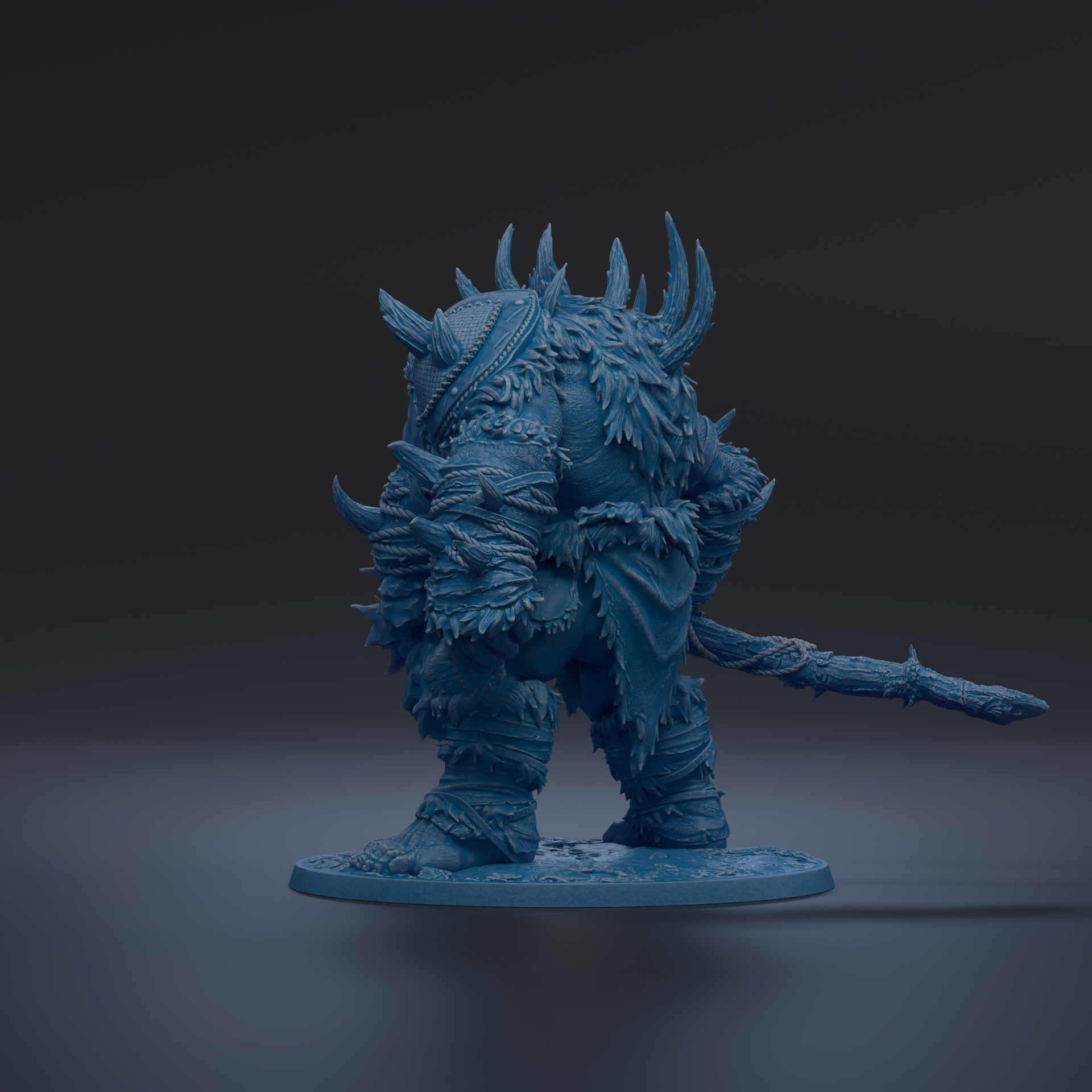 A detailed 3D model of a fantastical creature with sharp, spiked features and a long, curved weapon.