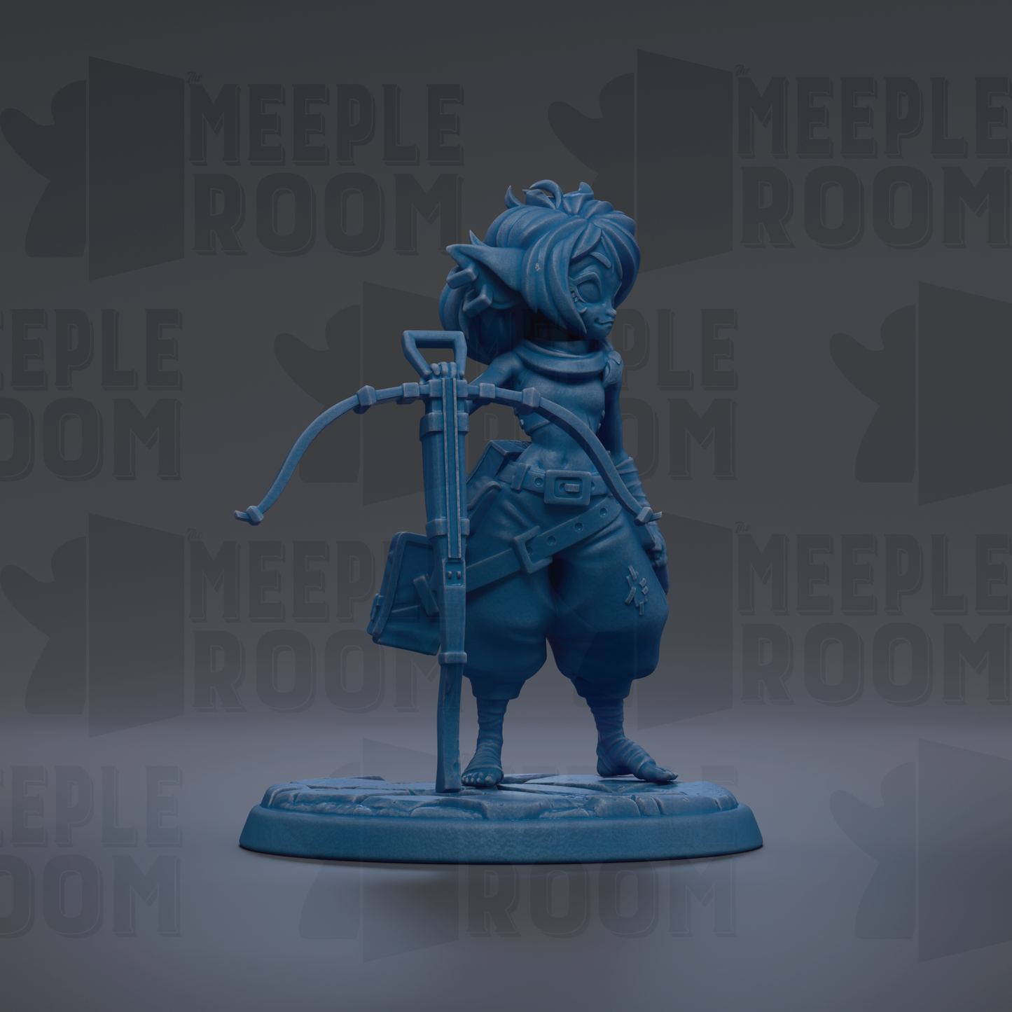 A blue figurine of a character with a bow and arrow, standing on a base.