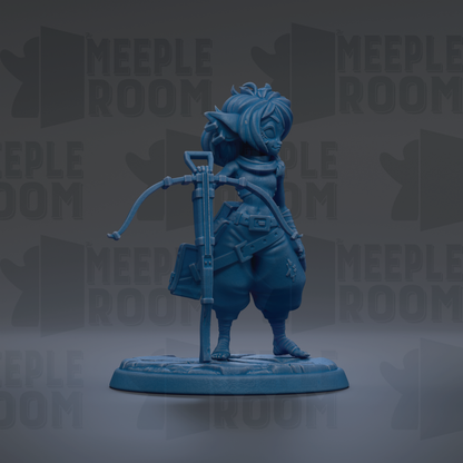 A blue figurine of a character with a bow and arrow, standing on a base.
