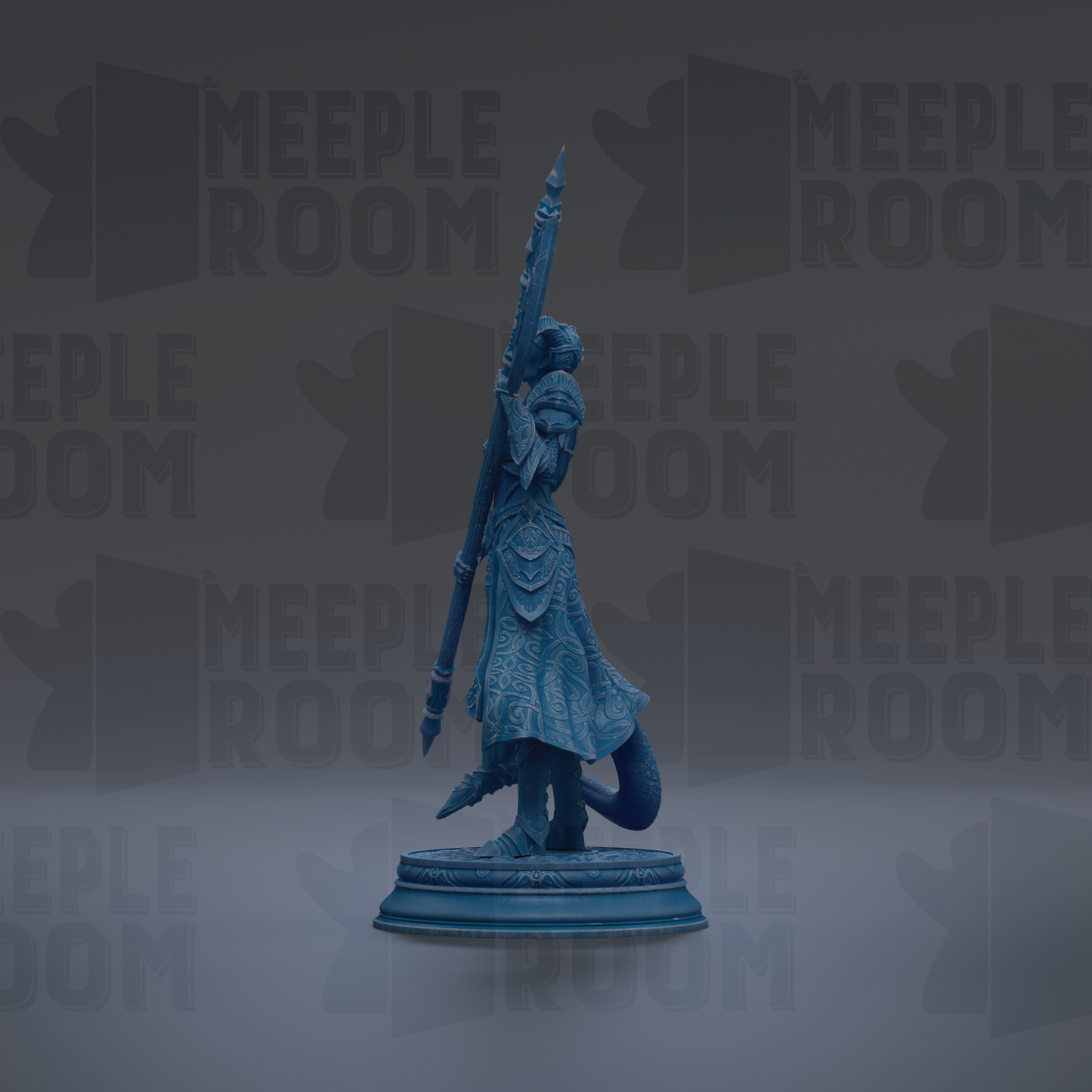A blue statue of a figure holding a spear and standing on a pedestal against a dark background with repeated text.