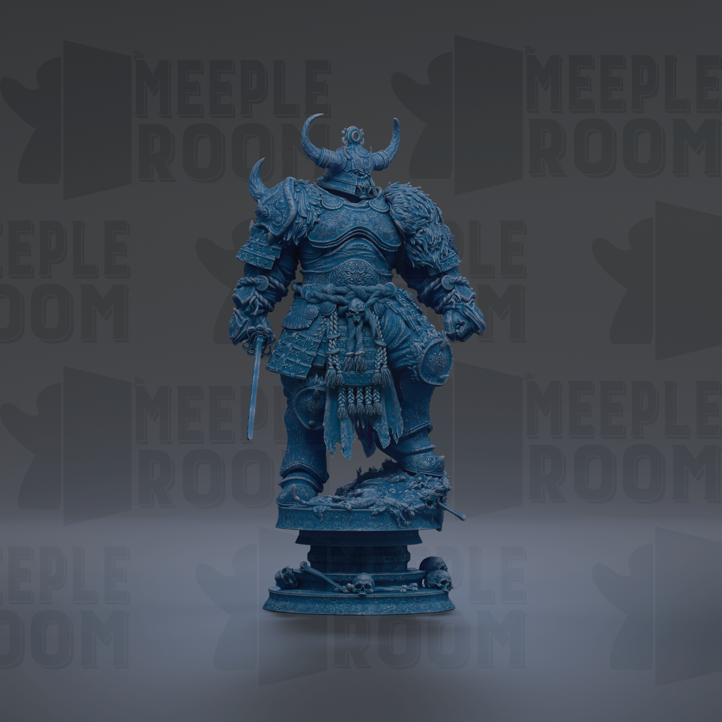 A blue statue of a warrior figure with horns and a sword stands prominently in the center of the image.