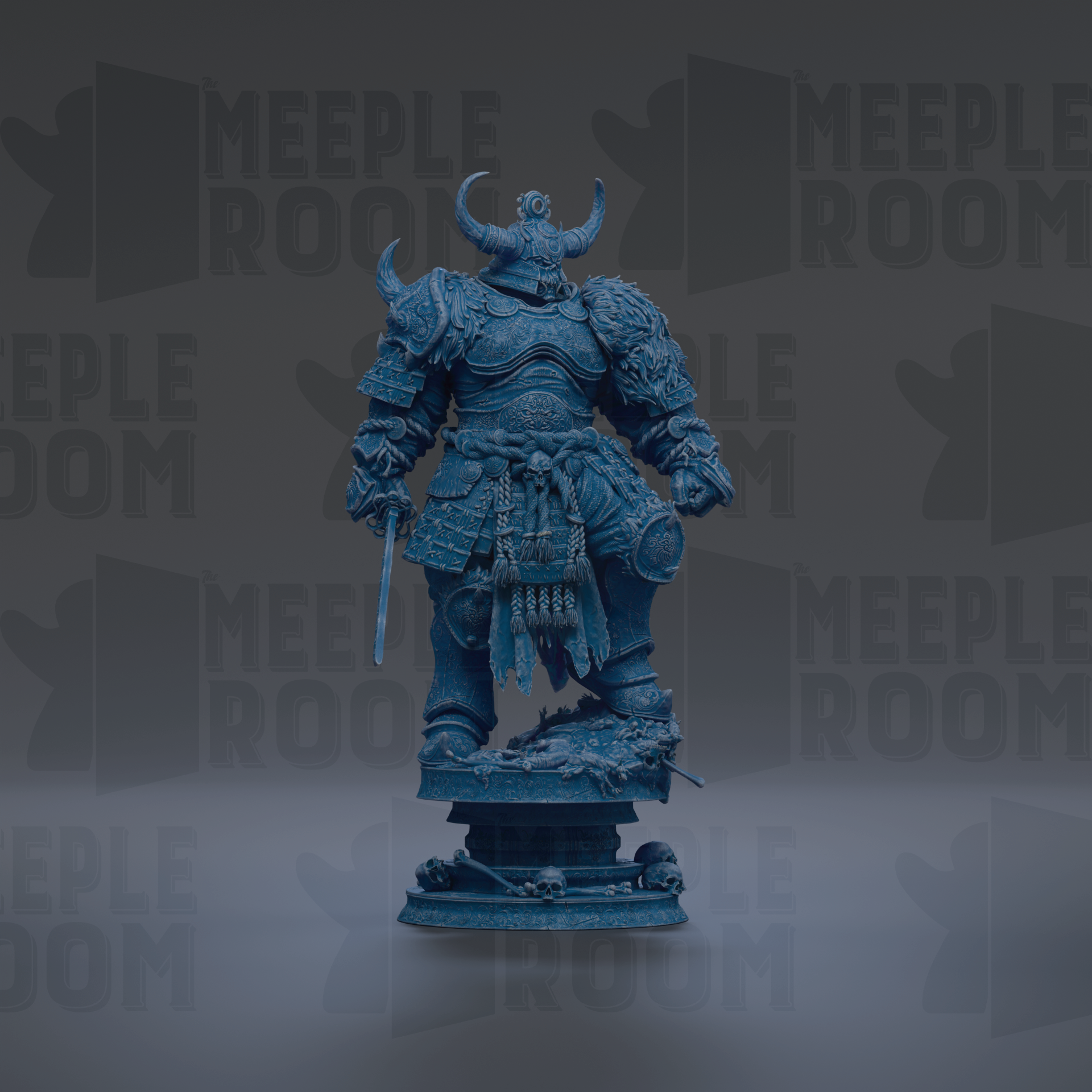 A blue statue of a warrior figure with horns and a sword stands prominently in the center of the image.