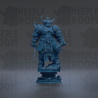 A blue statue of a warrior figure with horns and a sword stands prominently in the center of the image.