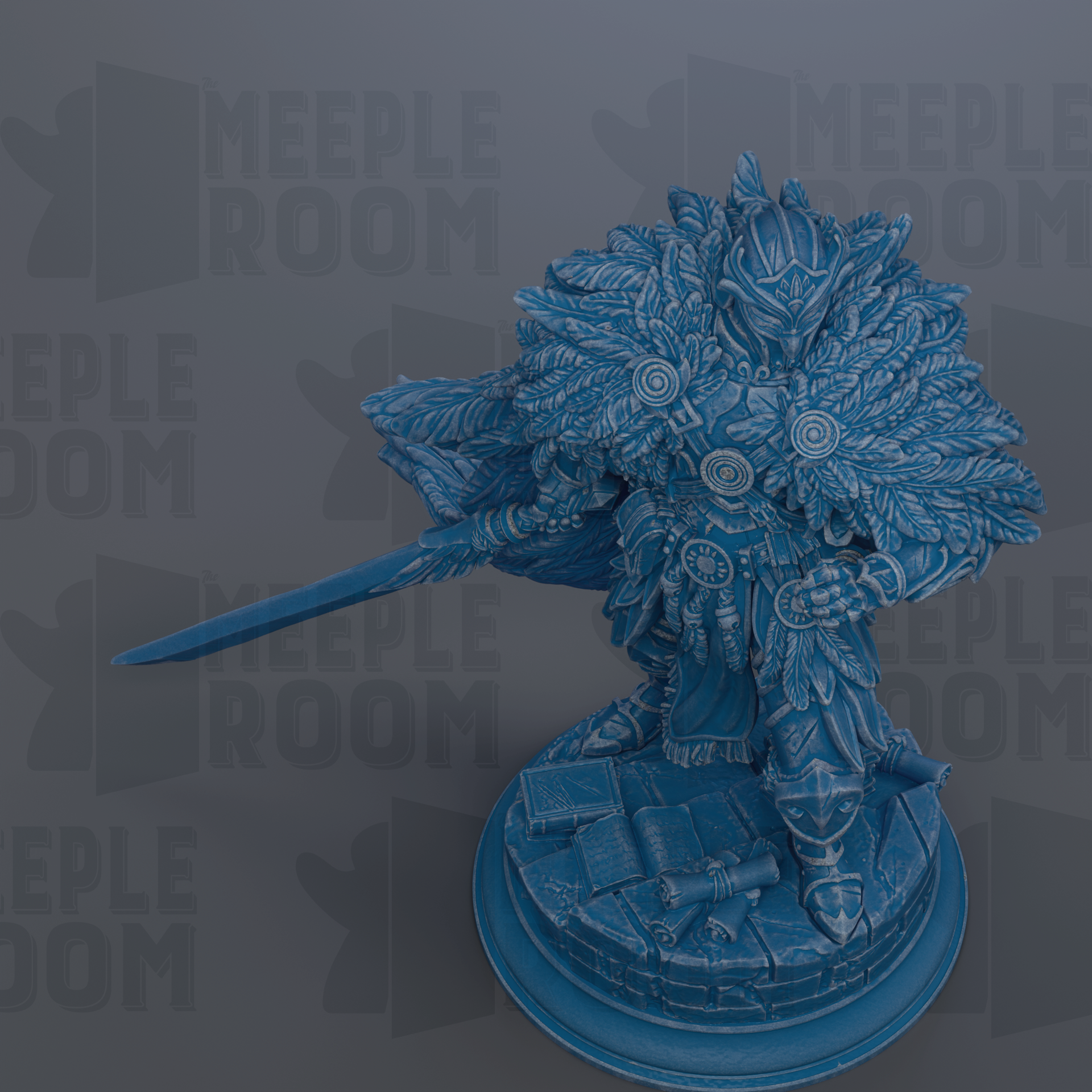 A detailed 3D rendering of a warrior figure, likely a knight or knightly figure, with ornate armor and a large, feathered headdress. The figure is depicted in a dynamic pose, wielding a sword and standing on a pedestal. The background features the repeated text "MEIPLE ROOM", suggesting the image may be part of a larger collection or series.