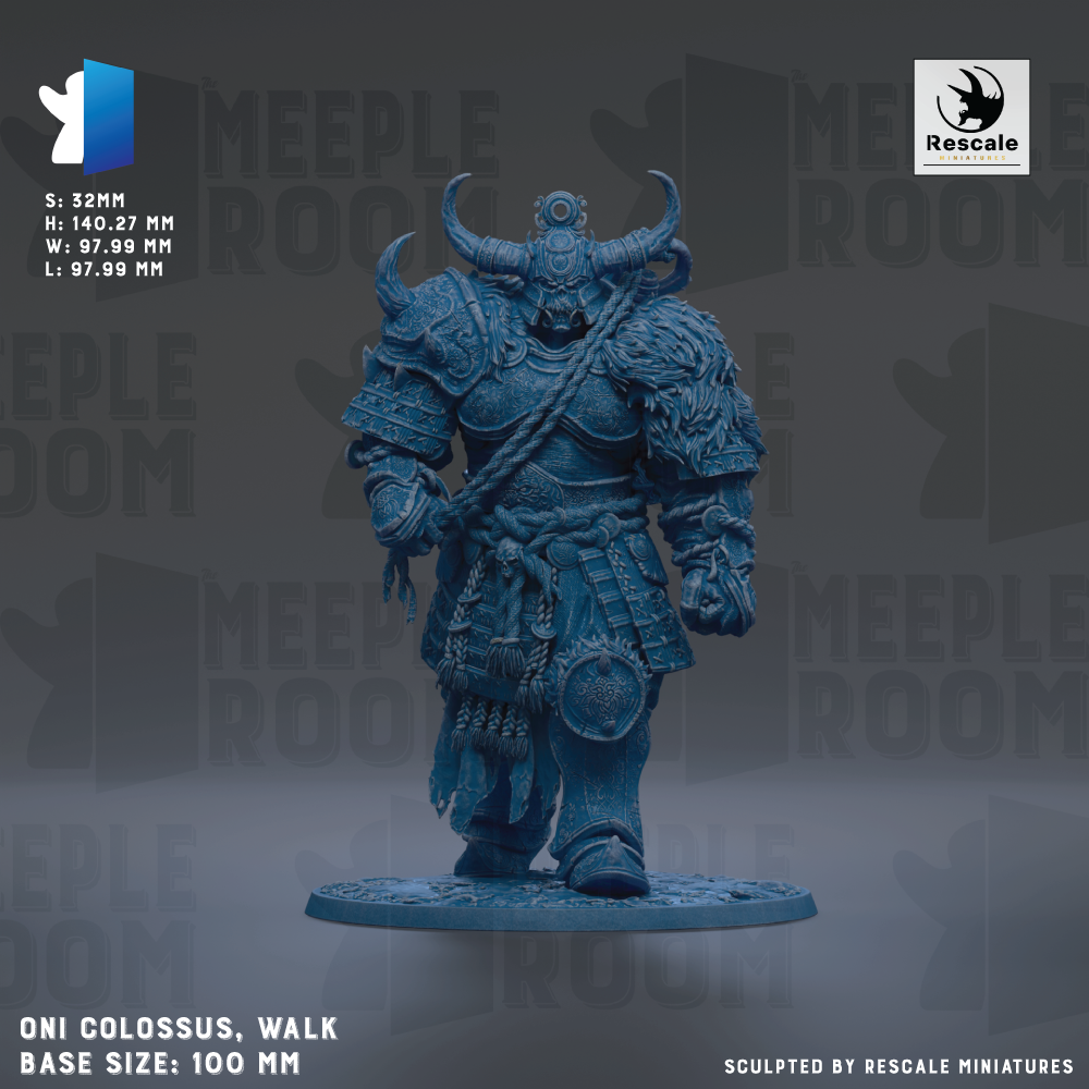a detailed figurine of a warrior standing on a base, wearing a helmet with horns and a chain around its neck. The figurine is made of a dark blue material and is the main focus of the image. The base size of the figurine is 100 millimeters.