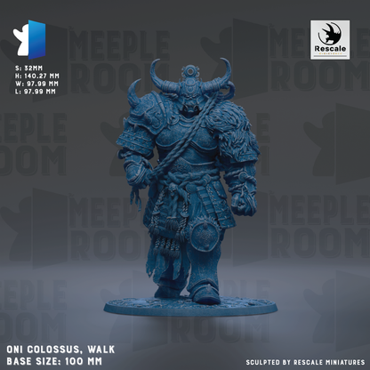 a detailed figurine of a warrior standing on a base, wearing a helmet with horns and a chain around its neck. The figurine is made of a dark blue material and is the main focus of the image. The base size of the figurine is 100 millimeters.