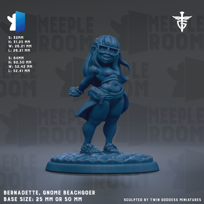 The image is a figurine of a gnome beachgoer, specifically Bernadette, with a base size of 25 mm or 50 mm.