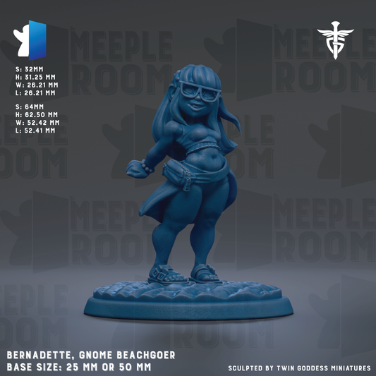 The image is a figurine of a gnome beachgoer, specifically Bernadette, with a base size of 25 mm or 50 mm.
