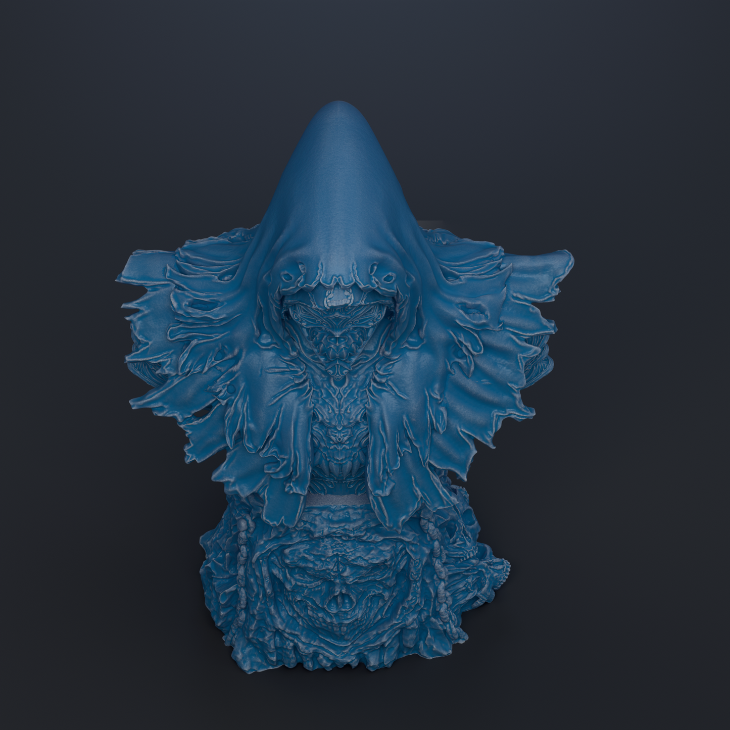 A blue, hooded figure with intricate, flowing designs on its face and body, set against a dark background.