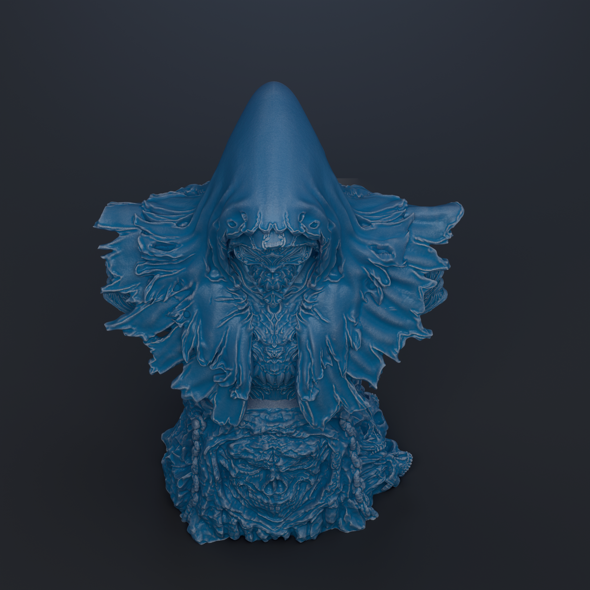A blue, hooded figure with intricate, flowing designs on its face and body, set against a dark background.