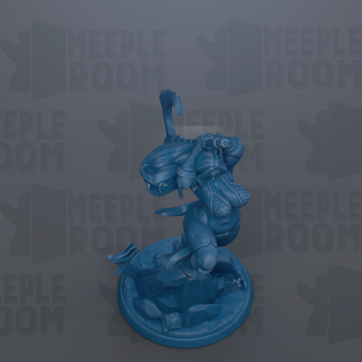 A blue figurine of a person with a sword and shield, standing on a platform.