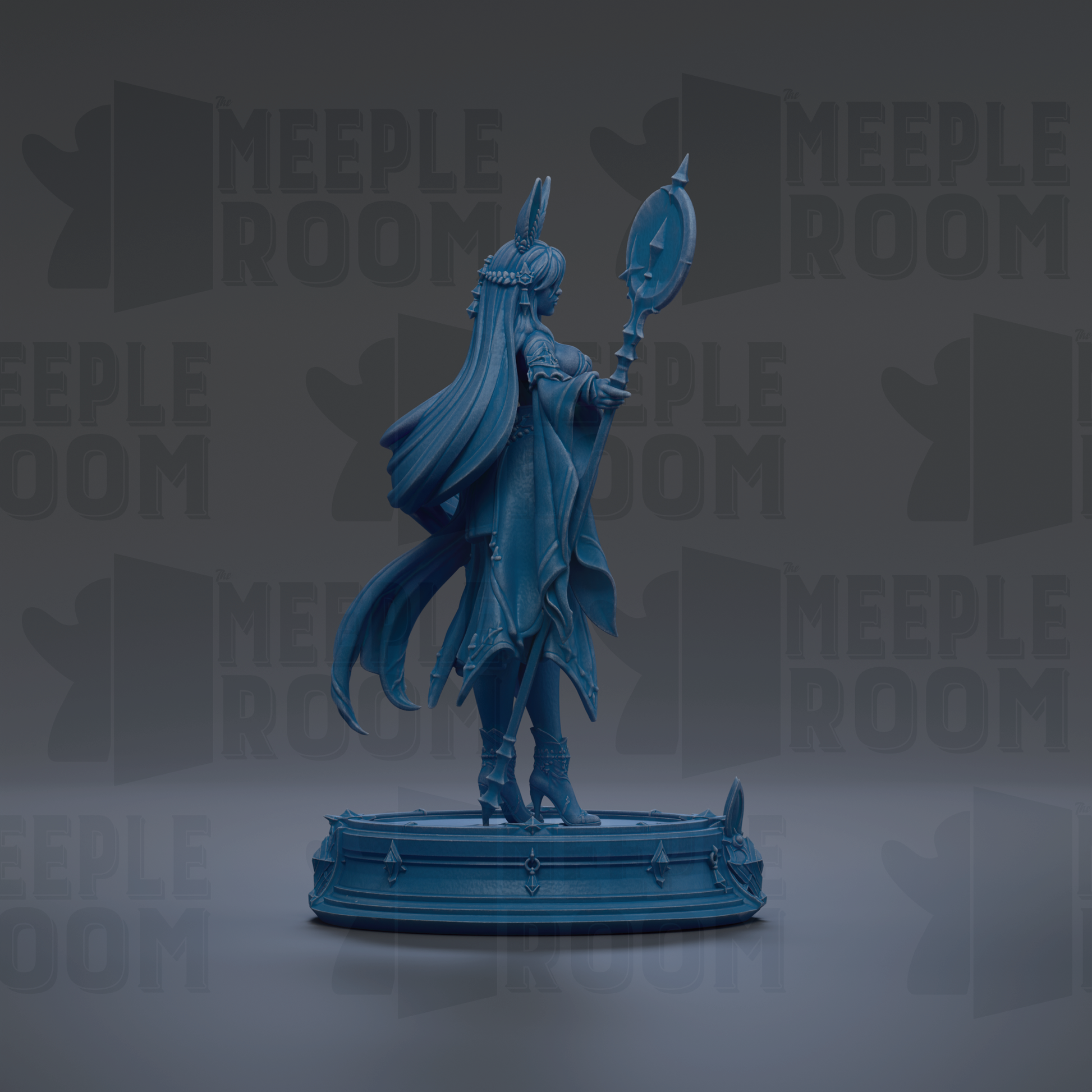 A blue statue of a woman holding a mirror stands on a pedestal against a dark background with repeated "MEUPLE ROOM" text.