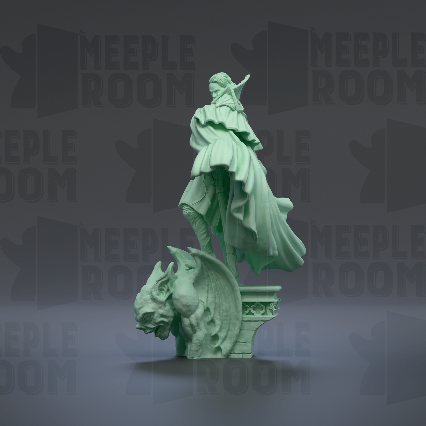 A green statue of a woman with a flowing dress stands on a pedestal, accompanied by a winged creature, against a dark background with repeated text.