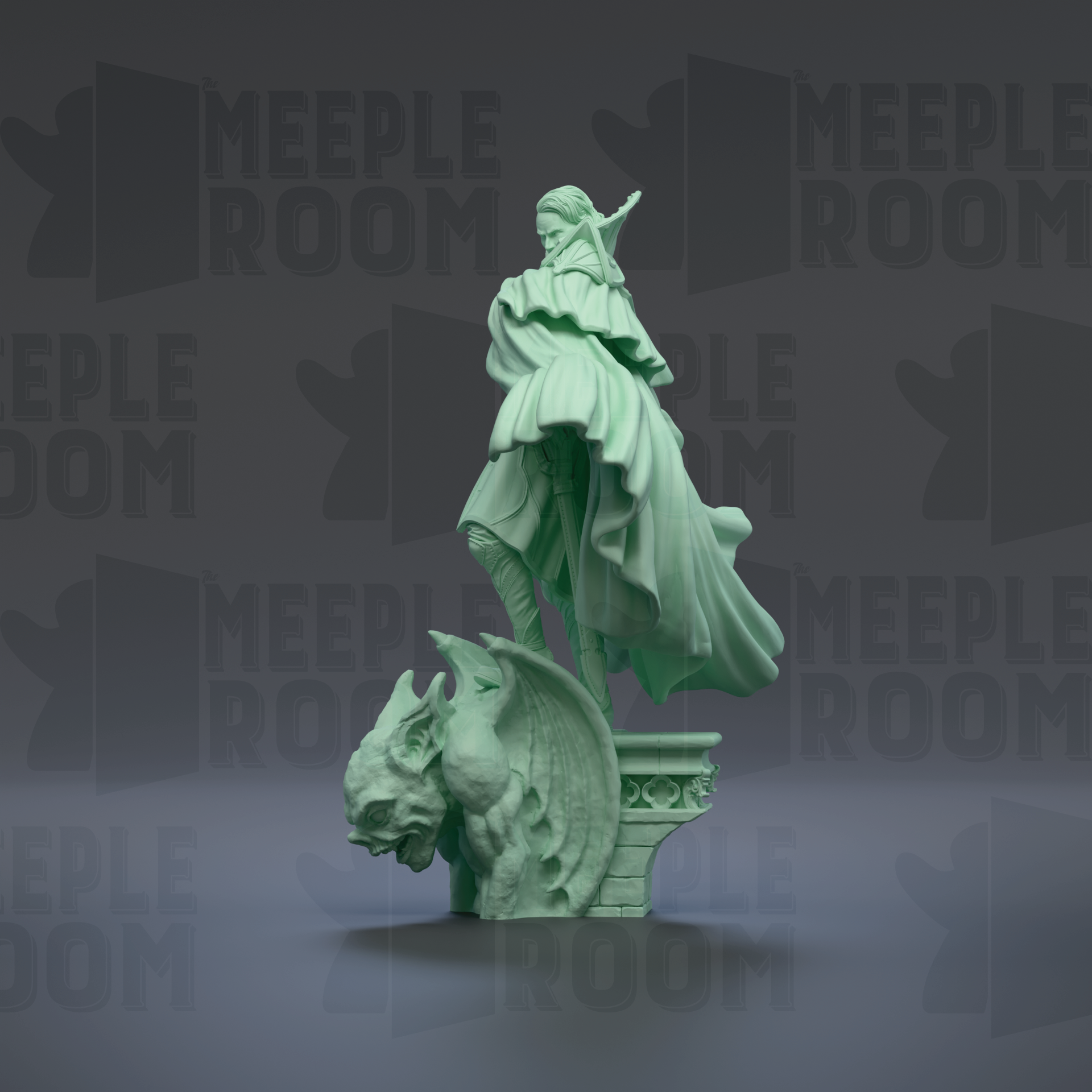 A green statue of a woman with a flowing dress stands on a pedestal, accompanied by a winged creature, against a dark background with repeated text.