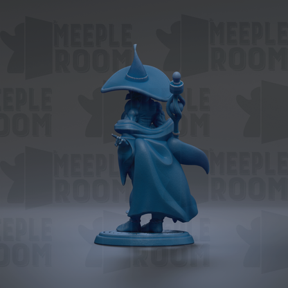 A blue figurine of a wizard or magical character, wearing a pointed hat and holding a staff, is the main focus of the image.