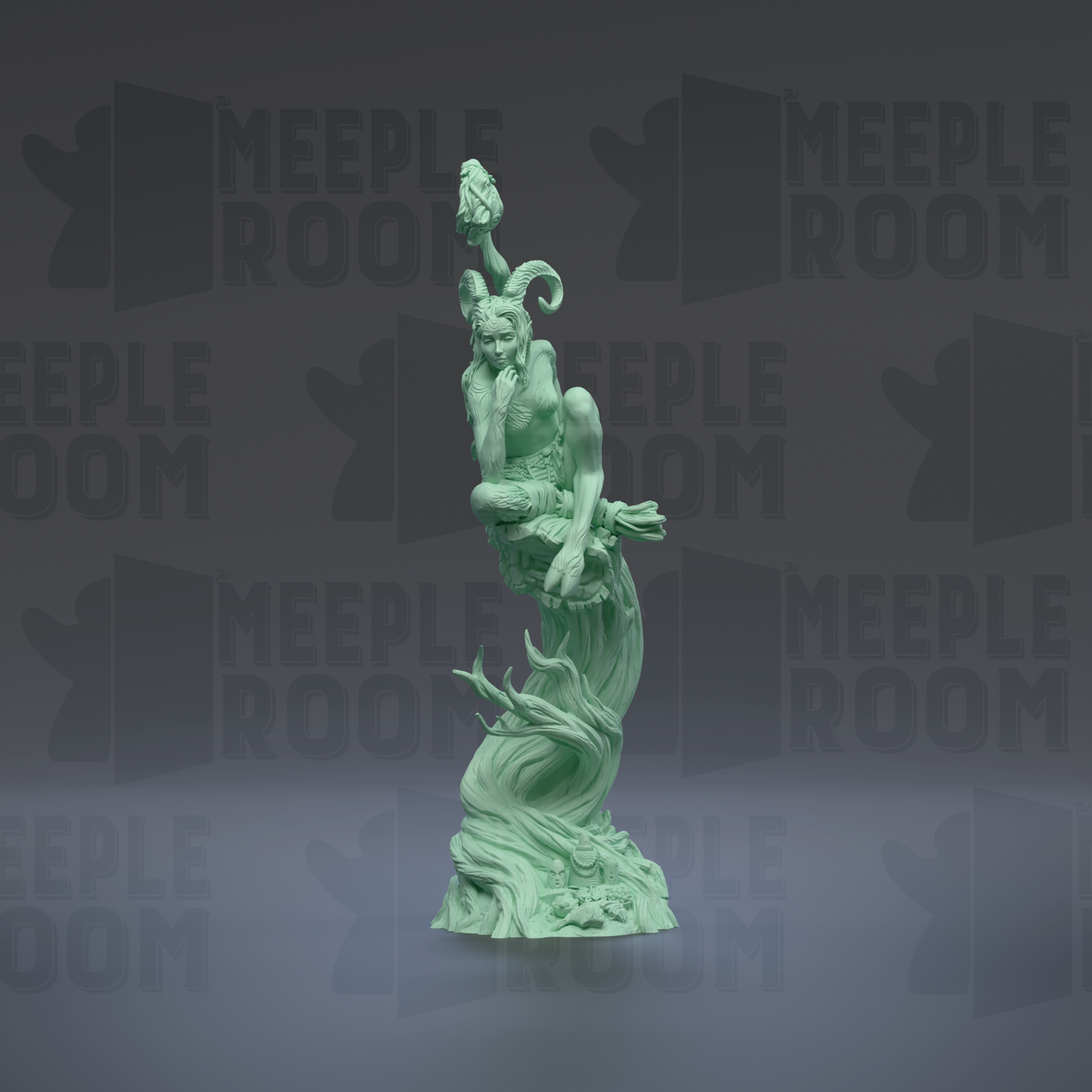 A green statue of a person sitting on a rock, with a bird perched on their head.