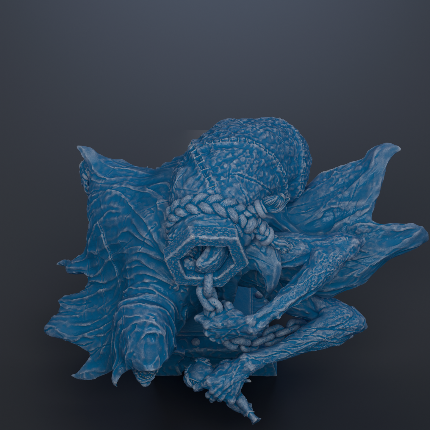 A 3D rendering of a blue, textured creature with intricate patterns and designs, resembling a fantastical or mythical creature.