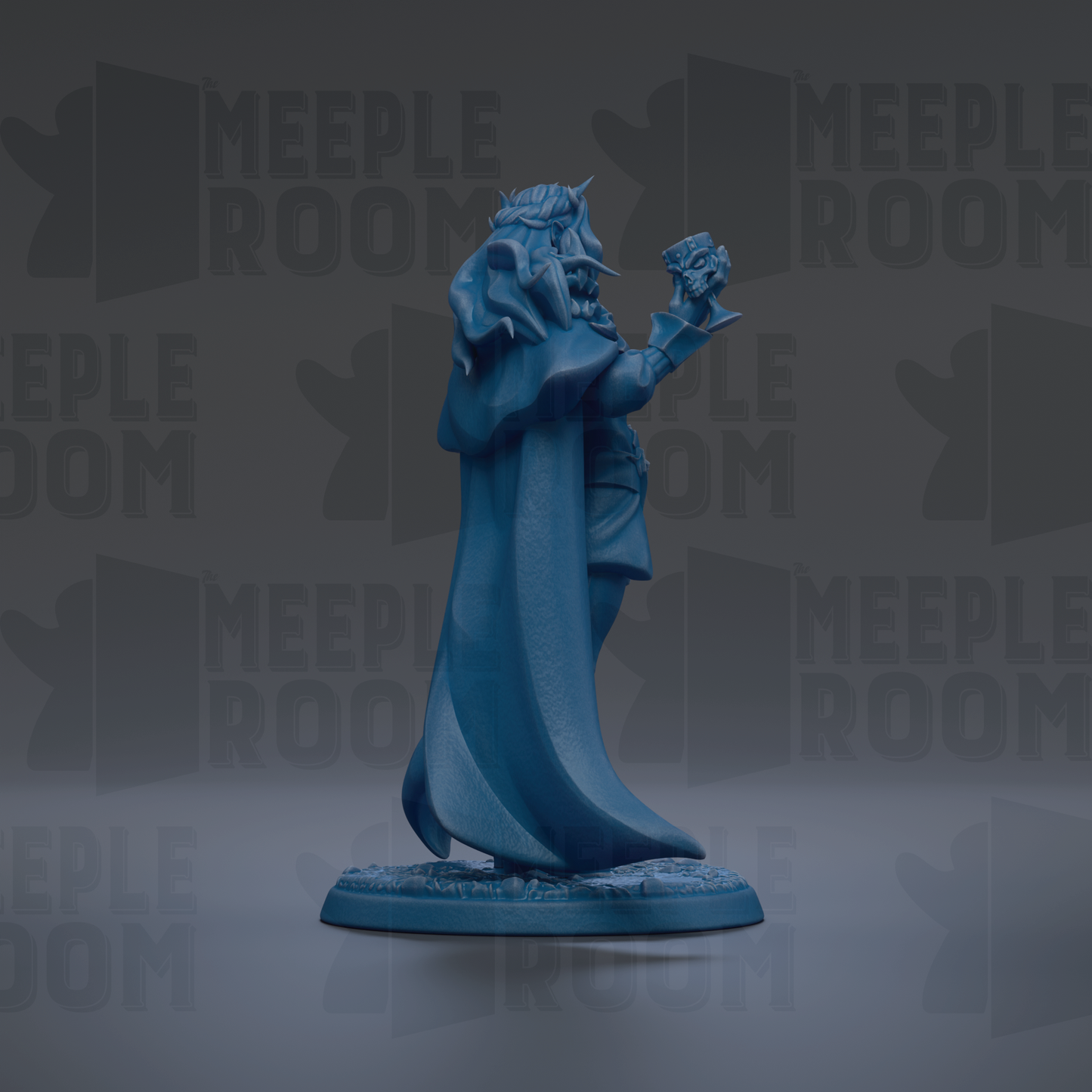 A blue statue of a figure with a long cape and a crown, standing on a base and holding a shield.