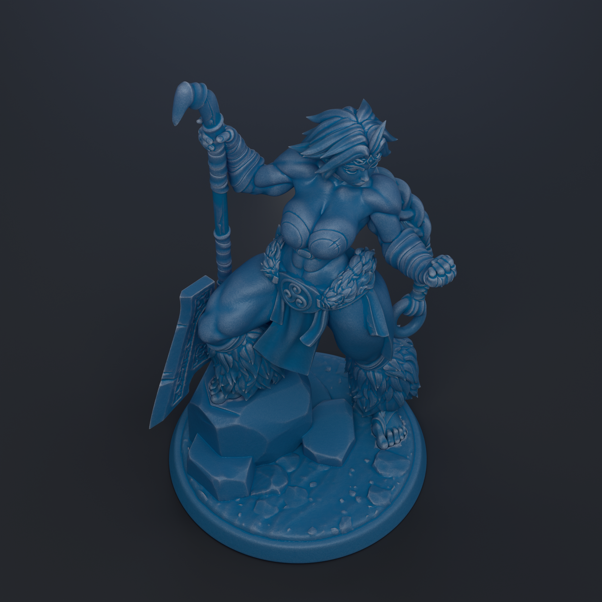A 3D rendering of a muscular, blue-colored warrior figure holding a spear and standing on a rocky base.