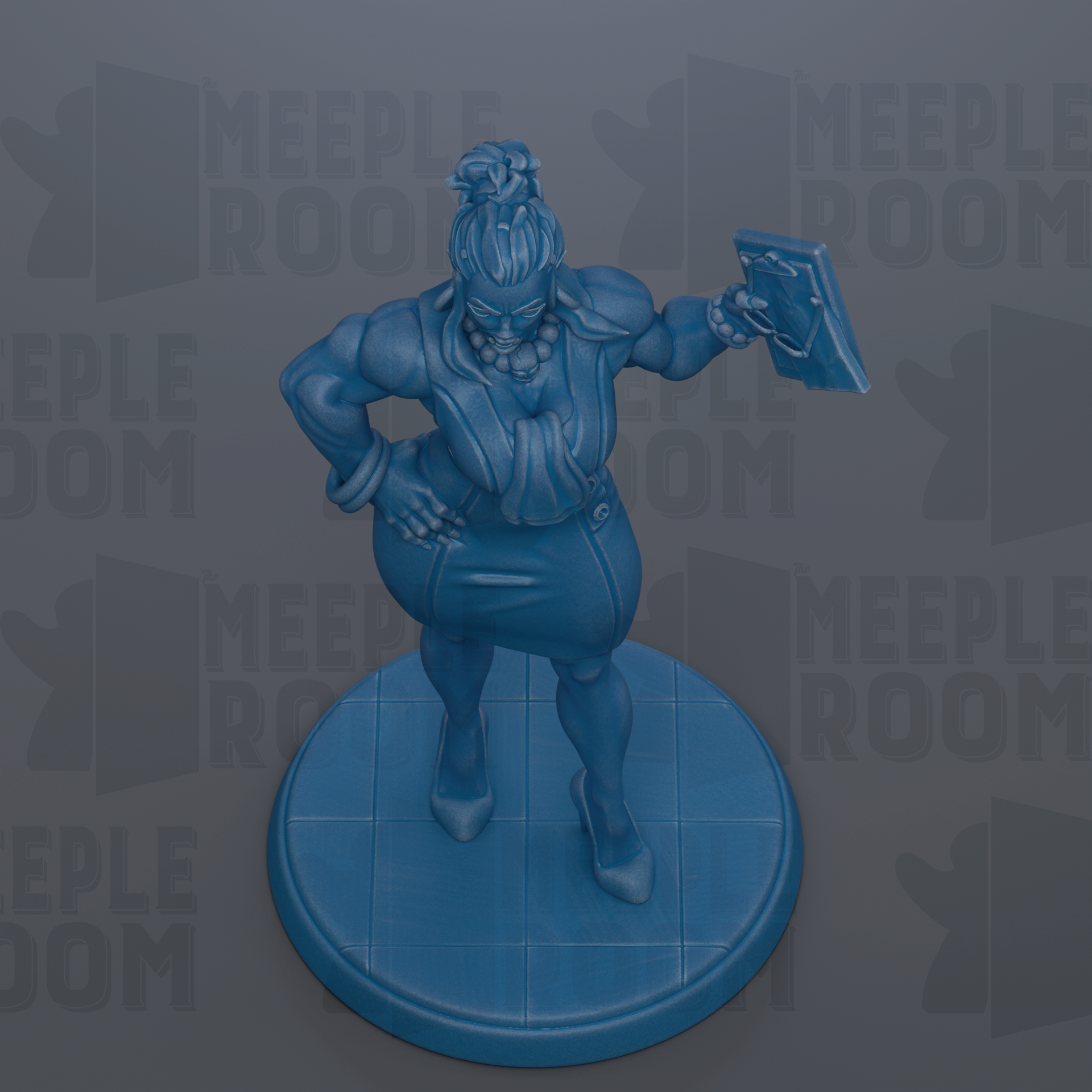 A blue figurine of a person standing on a blue platform, holding a blue object in their hand.