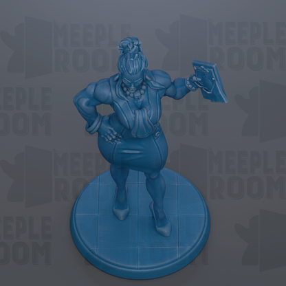 A blue figurine of a person standing on a blue platform, holding a blue object in their hand.
