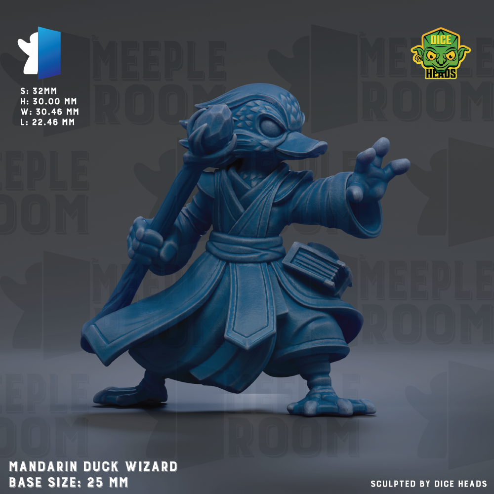 A 3.5mm figurine of a Mandarin duck wizard, with a detailed and intricate design.