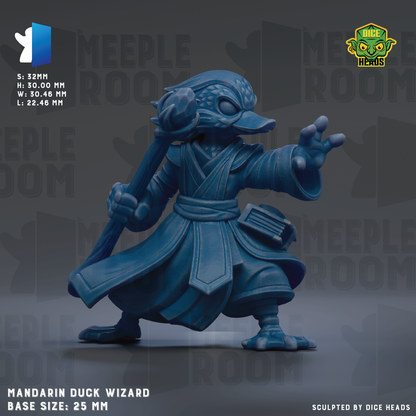A 3.5mm figurine of a Mandarin duck wizard, with a detailed and intricate design.