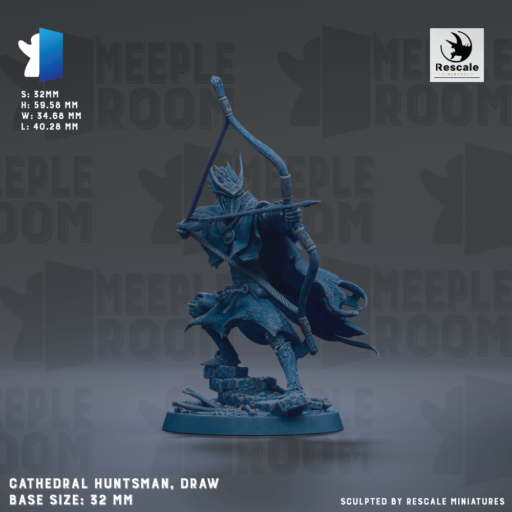 A figurine of a cathedral-style character, likely a knight or warrior, is depicted in the image. The figurine is shown in a dynamic pose, with a bow and arrow in hand, and is set against a dark background with repeated text.