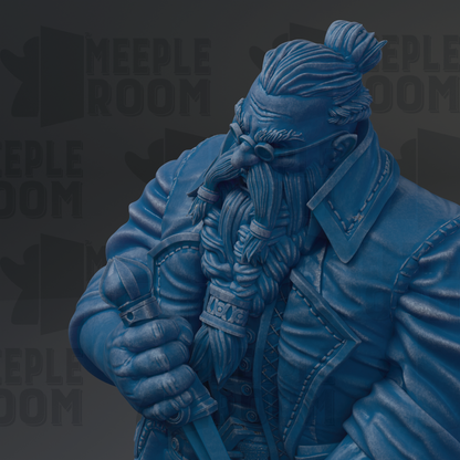 A close-up of a blue statue depicting a bearded man wearing a jacket and holding a sword.