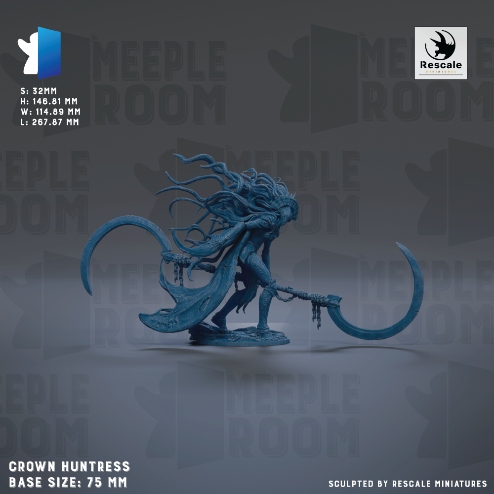 The image is a 3D model of a female character with long hair and a crescent moon-like weapon, likely a crown huntress. The base size of the figure is 75 millimeters. The image is a sculpture by Rescale Miniatures.