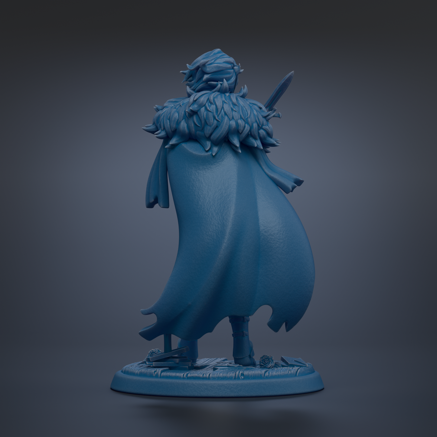 A blue figurine of a person wearing a fur-trimmed cape and holding a sword stands on a base against a dark background.