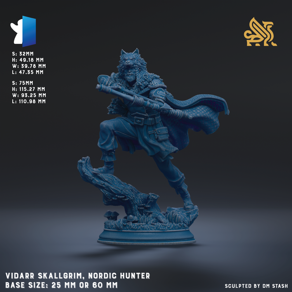 The image is a statue of a Nordic Hunter, a character from the video game VIDARR Skallgrim. The statue is depicted in a dynamic pose, with the hunter wielding a sword and a shield. The statue is shown in a blue color, which contrasts with the dark background. The statue is described as a base size of 25mm or 60mm, depending on the viewer's perspective. The image is a sculpture by DM Stash, and it is a representation of the video game VIDARR Skallgrim.