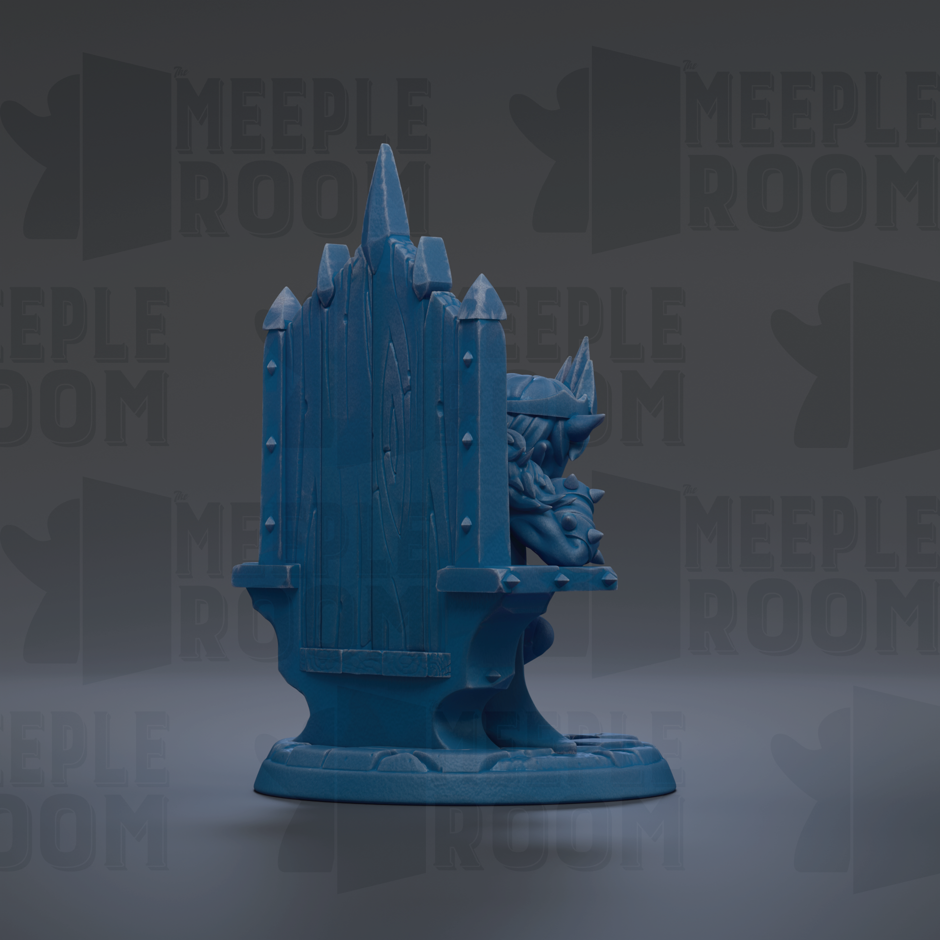 A blue, 3D-rendered statue of a dragon-like creature sitting on a throne-like structure.