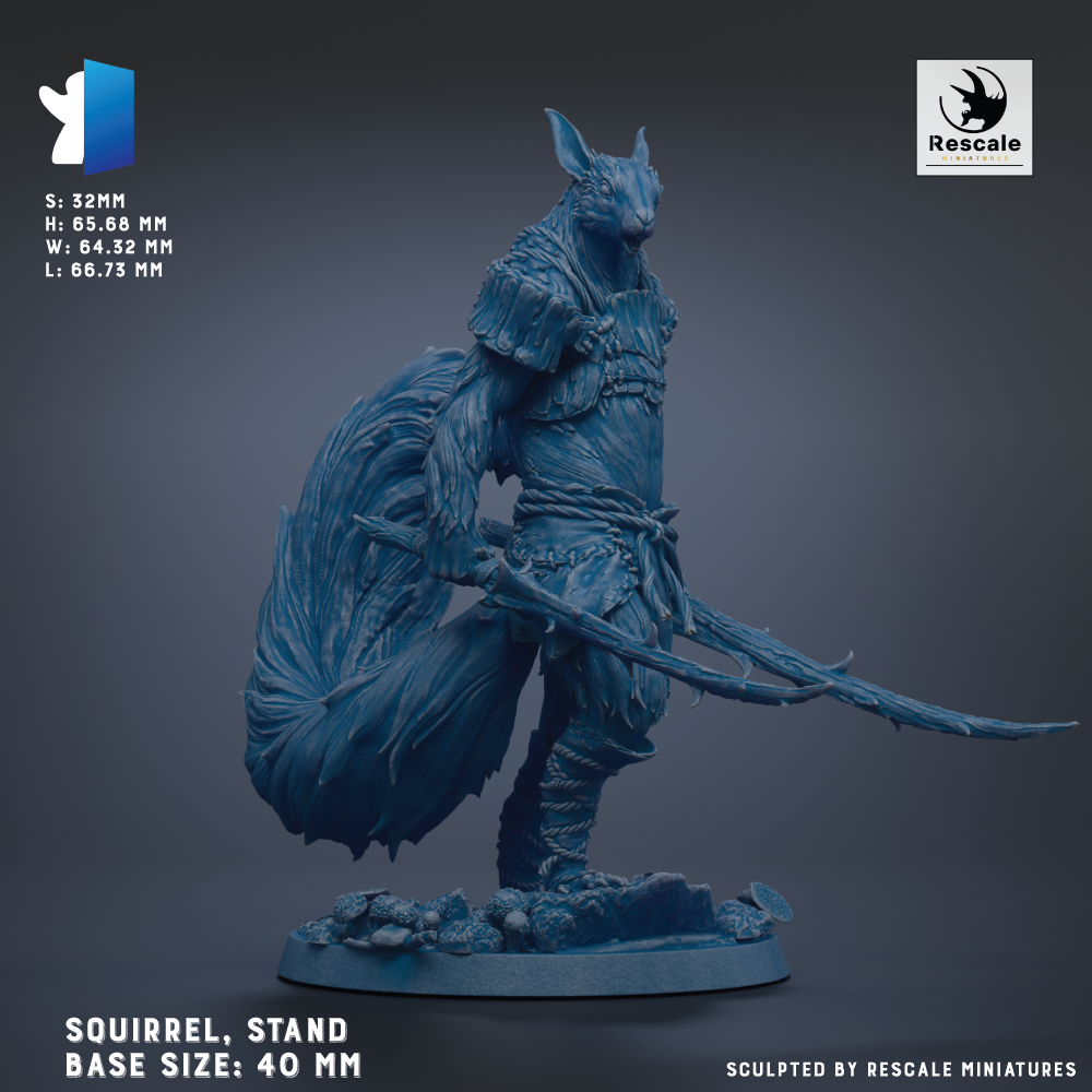 a figurine of a squirrel standing on a base, holding a sword. The squirrel is depicted in a detailed and realistic manner, with a blue color scheme. The base size of the figurine is 40 mm. The figurine is sculpted by Rescale miniatures.