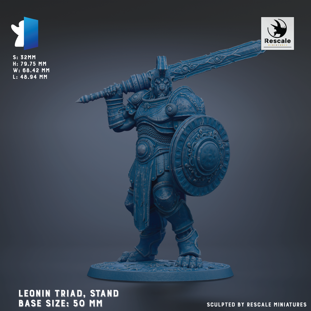 A figurine of a warrior standing on a base, holding a sword and shield. The figurine is in a blue color and appears to be made of a material that resembles metal or stone. The figurine is described as having a "legible" and "legible" size, which suggests that it is a detailed and well-crafted piece. The figurine is also described as being "sculpted by RESCALE MINIATURES", indicating that it is a professionally crafted item.