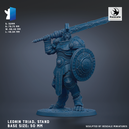 A figurine of a warrior standing on a base, holding a sword and shield. The figurine is in a blue color and appears to be made of a material that resembles metal or stone. The figurine is described as having a "legible" and "legible" size, which suggests that it is a detailed and well-crafted piece. The figurine is also described as being "sculpted by RESCALE MINIATURES", indicating that it is a professionally crafted item.