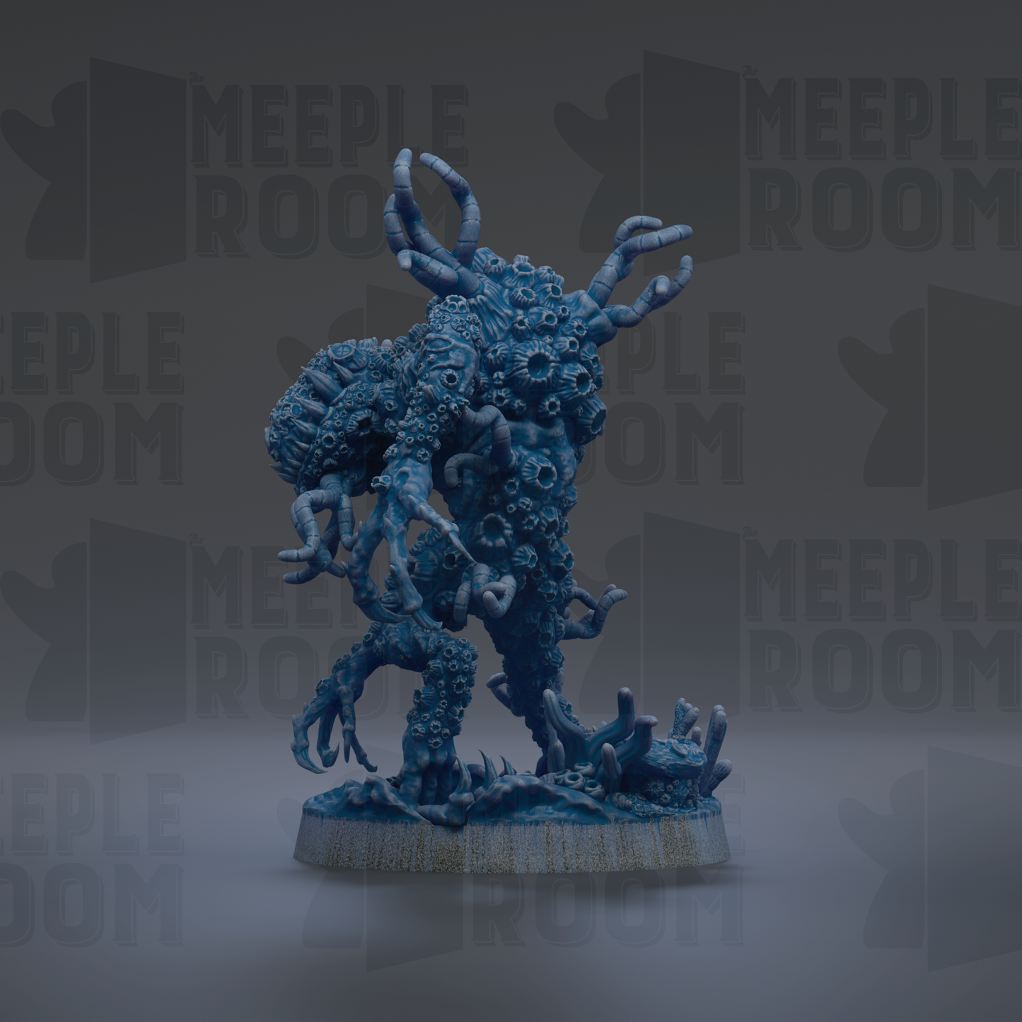 A 3D rendering of a blue, organic-looking creature with long, curved horns and tentacles, standing on a base.