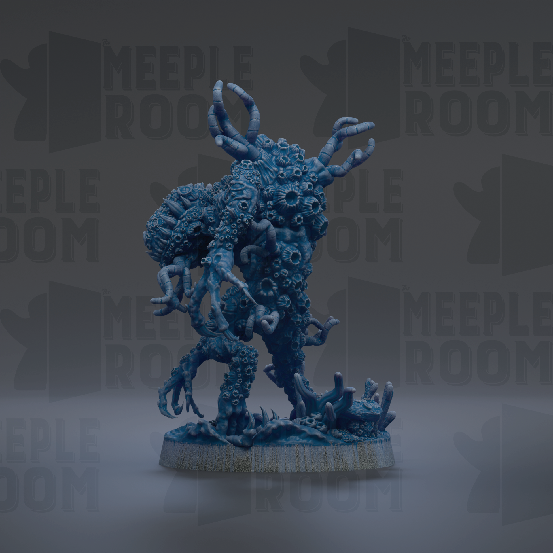 A 3D rendering of a blue, organic-looking creature with long, curved horns and tentacles, standing on a base.