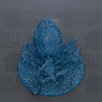 A blue, 3D-rendered creature resembling a spider or octopus is displayed on a circular base against a dark background with repeated text.
