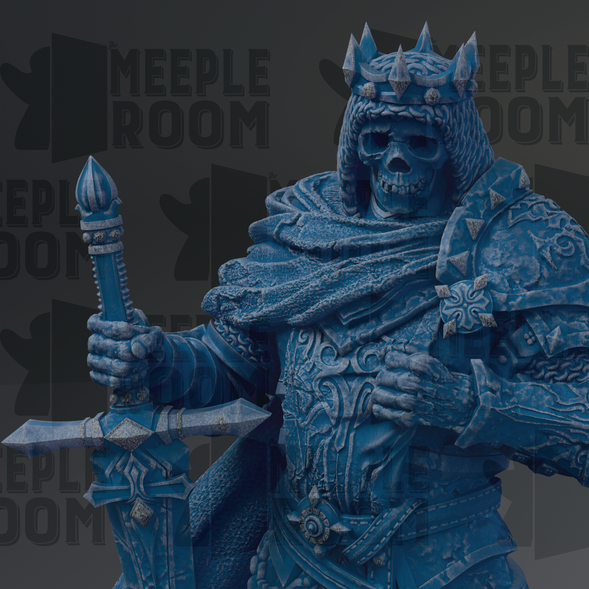 A detailed 3D rendering of a blue armored knight figure holding a sword, with a crown on their head.