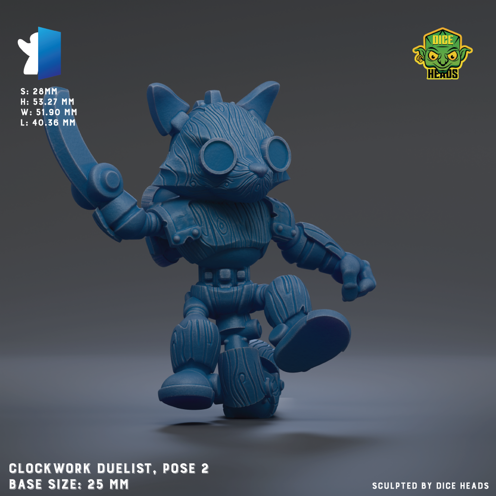 A 3D rendering of a blue mechanical toy resembling a cat or feline character, with a sword in its hand. The toy appears to be a mechanical figure or character, possibly from a fantasy or science fiction setting.