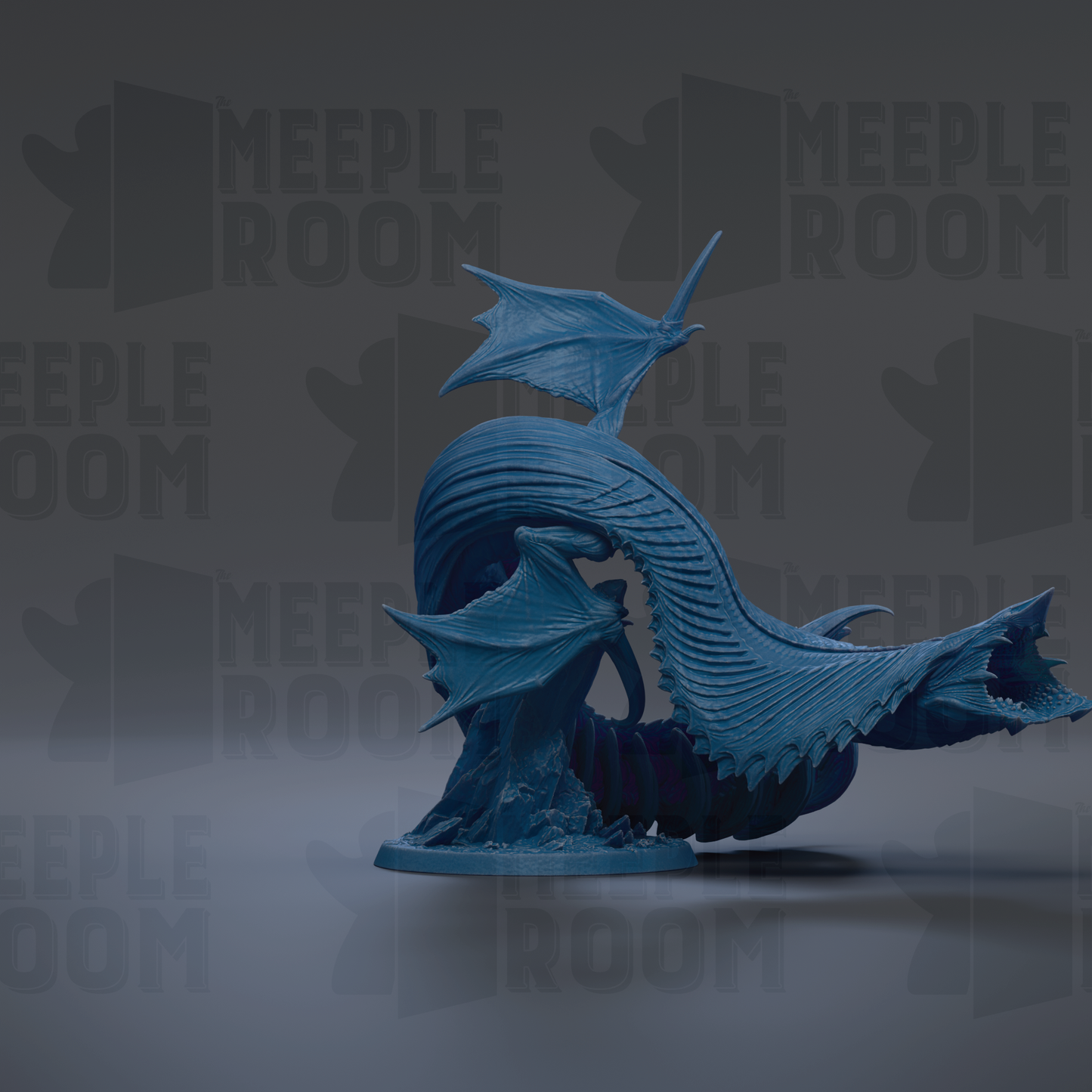 A blue, 3D-rendered dragon figurine is displayed against a dark background with repeated text.