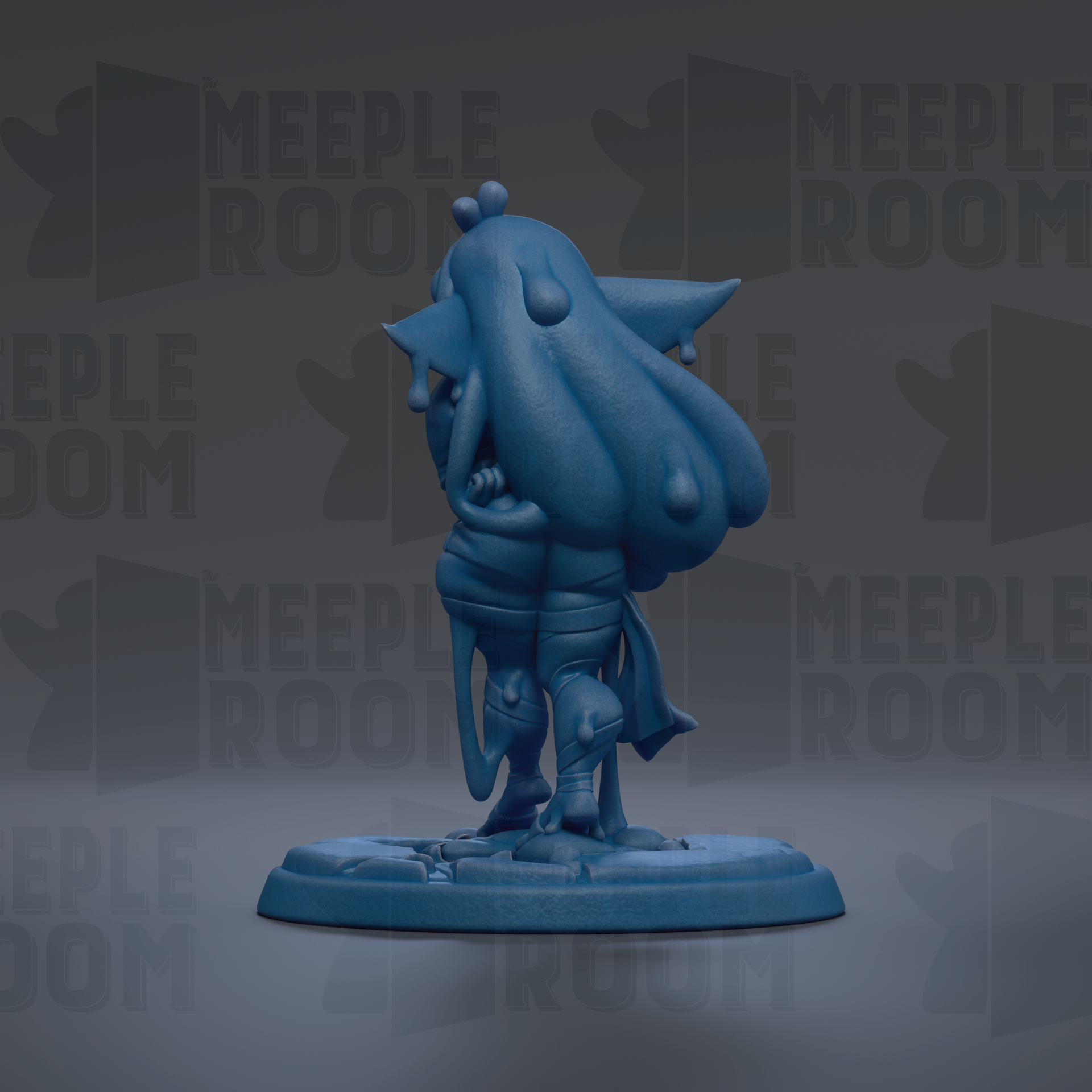 A blue, cartoonish figurine with a large head and elongated body stands on a base against a dark background with repeated text.