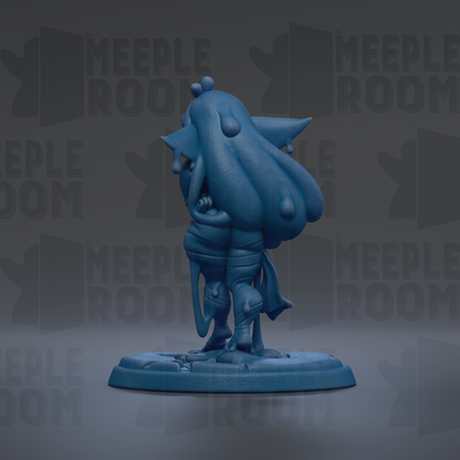 A blue, cartoonish figurine with a large head and elongated body stands on a base against a dark background with repeated text.